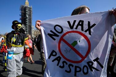 FILE PHOTO: Demonstrators take part in an anti-lockdown 'Unite for Freedom' protest, amid the spread of the coronavirus disease (COVID-19), in London, Britain, April 24, 2021. REUTERS/Toby Melville/File Photo