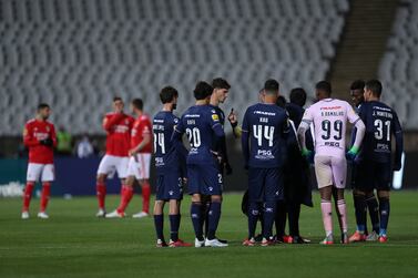 Belenenses players react after the Portuguese First League soccer match between Belenenses SAD vs Benfica, at National Stadium, in Oeiras, near of Lisbon, Portugal, 27 November 2021.  The match between Belenenses SAD and Benfica ended in the 48th minute, as the Belenenses ran out of the minimum number of players, after starting with only nine, due to an outbreak of covid-19.   EPA / ANTONIO COTRIM