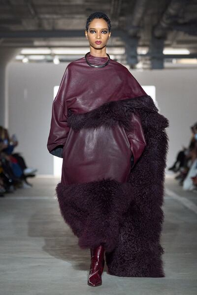 Prabal Gurung's collection centred around asymmetric draping, seen here in oxblood shearling. Photo: Prabal Gurung