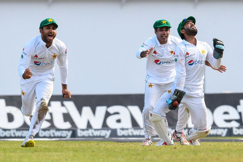 Pakistan celebrate the dismissal of Joshua de Silva of the West Indies.