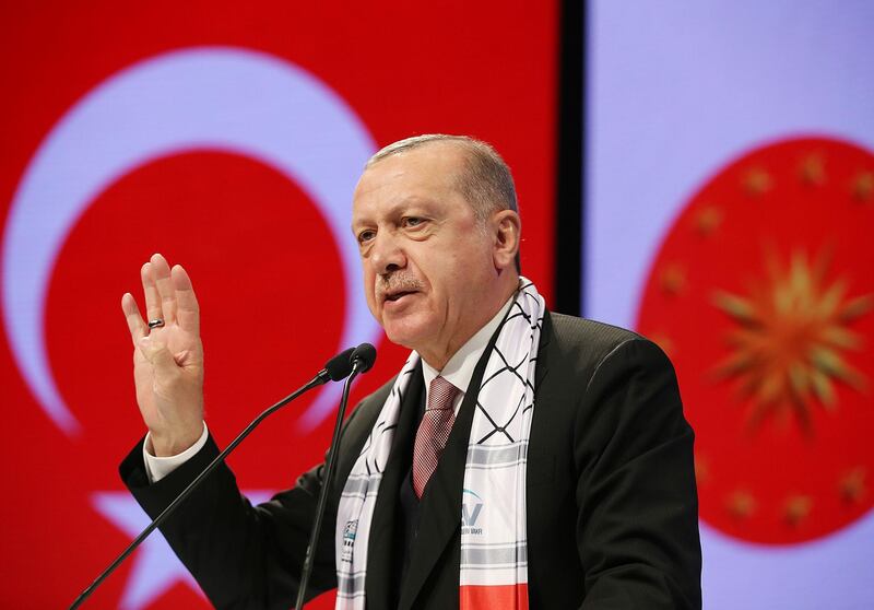 Turkey's President Recep Tayyip Erdogan addresses Muslim parliamentarians during a meeting on Al-Qods (Jerusalem), in Istanbul. AP Photo