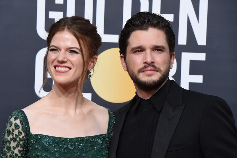 FILE - Rose Leslie, left, and Kit Harington arrive at the 77th annual Golden Globe Awards on Jan. 5, 2020, in Beverly Hills, Calif. The "Game of Thrones" stars have welcomed a baby boy, their first child together. Harington's publicist Marianna Shafran confirmed the birth Tuesday, Feb. 16, 2021. (Photo by Jordan Strauss/Invision/AP, File)