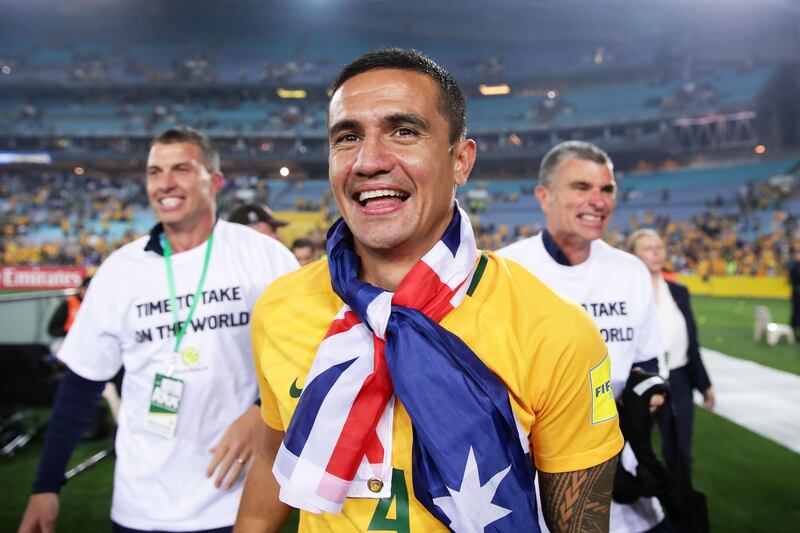 Tim Cahill is all smiles after Australia reach the 2018 World Cup. Matt King / Getty Images