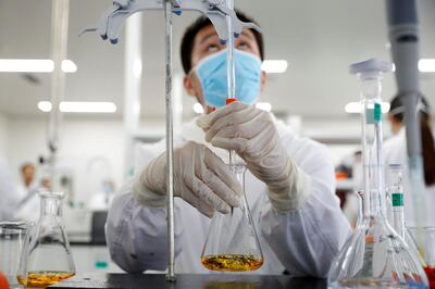 FILE PHOTO: A man works in a laboratory of Chinese vaccine maker Sinovac Biotech, developing an experimental coronavirus disease (COVID-19) vaccine, during a government-organized media tour in Beijing, China, September 24, 2020. REUTERS/Thomas Peter/File Photo