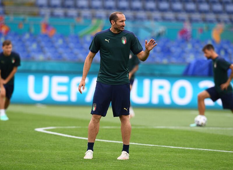 Giorgio Chiellini of Italy in action during a training session ahead of the Euro 2020 kick-off against Turkey at Olimpico Stadium. Getty