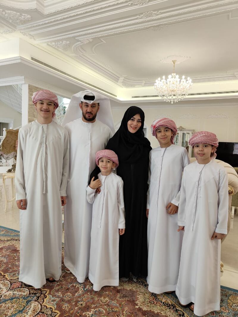 Ahmed, second right, with, from left, his brother Ali, who is 17, his father Nader Al Mousawi,  his mother Eiman Al Aleeli, his brother Eisah, who is 7, and his brother Abdullah, who is 10.