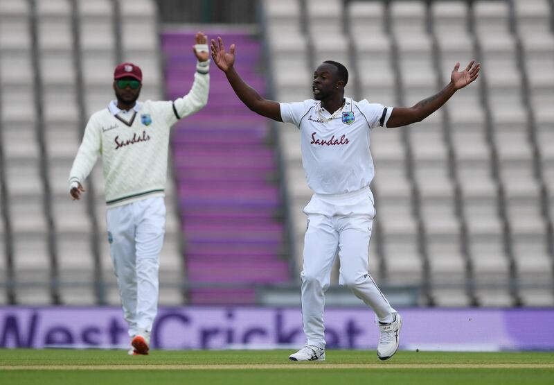 West Indies' Kemar Roach appeals unsuccessfully for the wicket of England's Rory Burns. Reuters