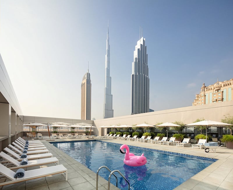 The pool at Rove Downtown with views of Downtown Dubai and the Burj Khalifa. Courtesy Rove Hotels