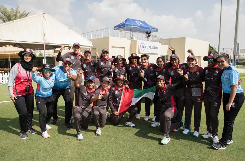 The UAE team celebrate after beating Nepal in  the ICC Women's T20 World Cup Asia Qualifier
at the ICC Academy in Dubai on Sunday, November 28. All images by Ruel Pableo for The National