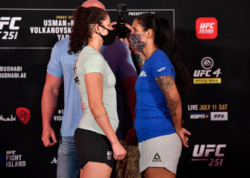 ABU DHABI, UNITED ARAB EMIRATES - JULY 10: (L-R) Opponents Karol Rosa of Brazil and Vanessa Melo of Brazil face off during the UFC 251 official weigh-in inside Flash Forum at UFC Fight Island on July 10, 2020 on Yas Island Abu Dhabi, United Arab Emirates. (Photo by Jeff Bottari/Zuffa LLC)