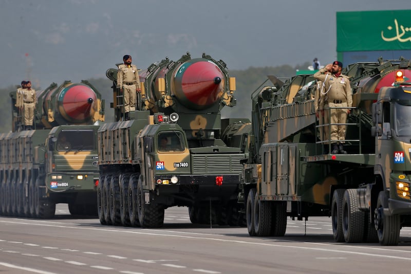 Pakistan-made Shaheen-III and Ghauri missiles, which are capable of carrying nuclear warheads, during a military parade to mark Pakistan National Day in Islamabad on March 23. AP