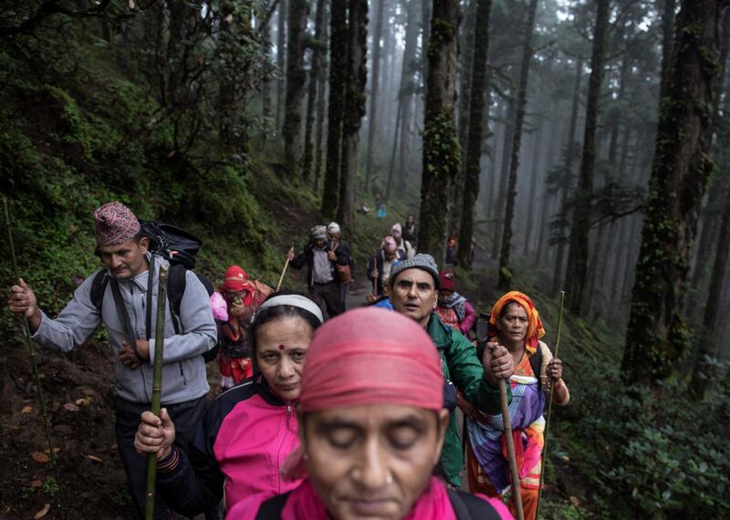 Hindu pilgrims trek to reach Gosaikunda Lake. Narendra Shrestha/EPA