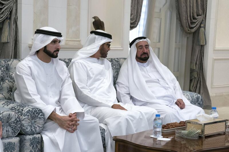 ABU DHABI, UNITED ARAB EMIRATES - January 29, 2018: HH Dr Sheikh Sultan bin Mohamed Al Qasimi, UAE Supreme Council Member and Ruler of Sharjah (R) and HH Sheikh Hamdan bin Mohamed Al Maktoum, Crown Prince of Dubai (L), offer condolences to HH Sheikh Mohamed bin Zayed Al Nahyan, Crown Prince of Abu Dhabi and Deputy Supreme Commander of the UAE Armed Forces (C), on the passing of HH Sheikha Hessa bint Mohamed Al Nahyan, at Mushrif Palace.

( Omar Al Askar for Crown Prince Court - Abu Dhabi )

---