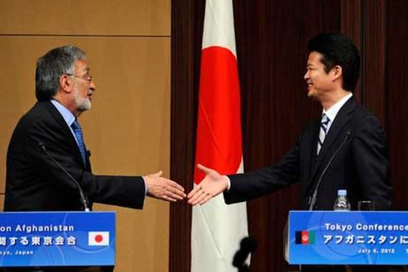 Afghan Foreign Minister Zalmai Rassoul (L) shakes hands with Japanese Foreign Minister Koichiro Gemba at the end of a joint press conference of the Tokyo Conference on Afghanistan, in Tokyo, Japan.