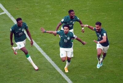 Saudi Arabia's Salem Al Dawsari celebrates scoring their second goal of the game against Argentina during the World Cup Group C match at the Lusail Stadium, Qatar. PA