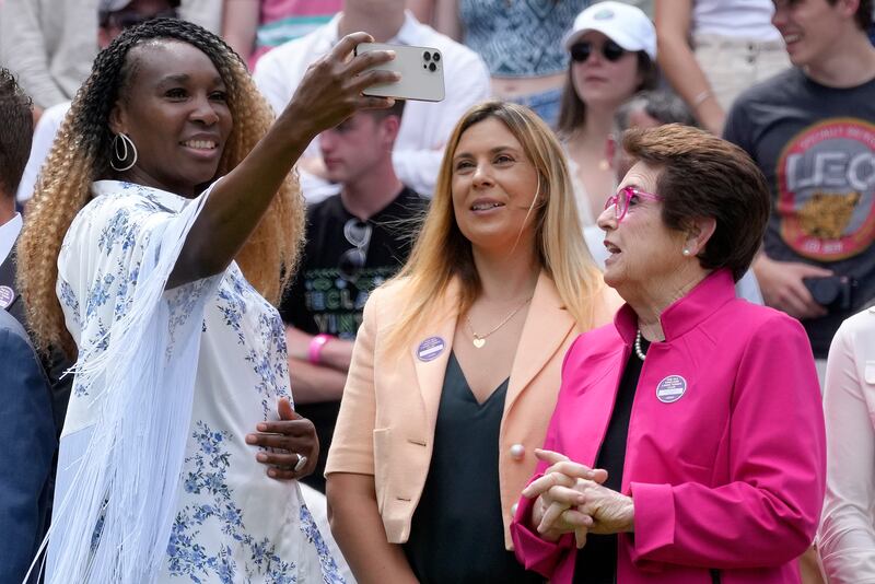 Former Wimbledon singles champions, from left: Venus Williams, Marion Bartoli and Billie Jean King during a 100 years of Centre Court celebration in 2022.  AP