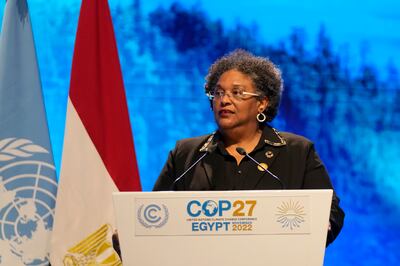 Mia Mottley, prime minister of Barbados, speaks at the UN climate summit in Sharm El Sheikh. AP