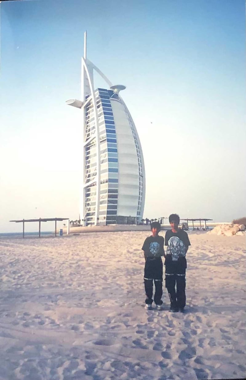 The Burj Al Arab opened in 1999 and drew people from across the UAE to see the new building. Here Abu Dhabi residents Omeir Nasir, left, and Owais Nasir, right, visit the Burj Al Arab between 1999 and 2002. Photo: Sarwat Nasir