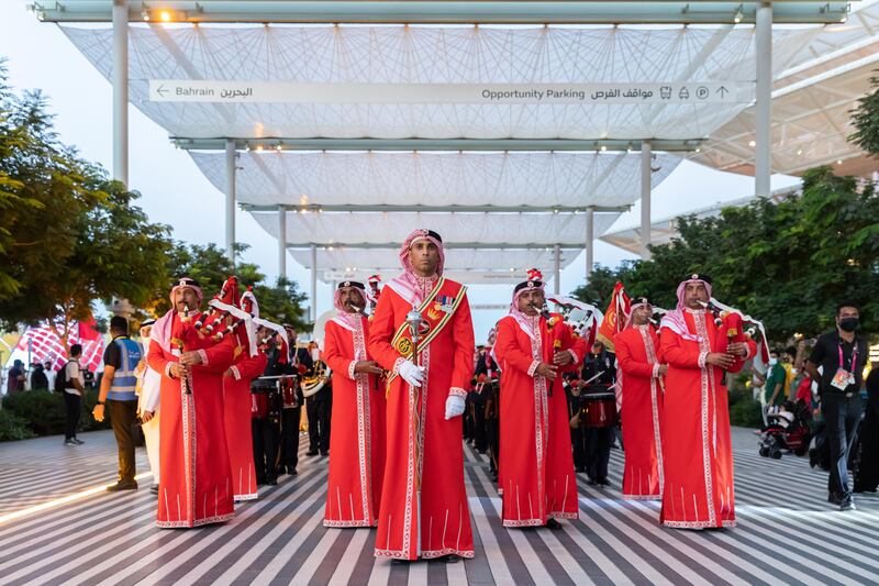 Bahraini cultural performers outside the Bahrain Pavilion during the countries National Day at Expo 2020 Dubai. Photo: Expo 2020 Dubai
