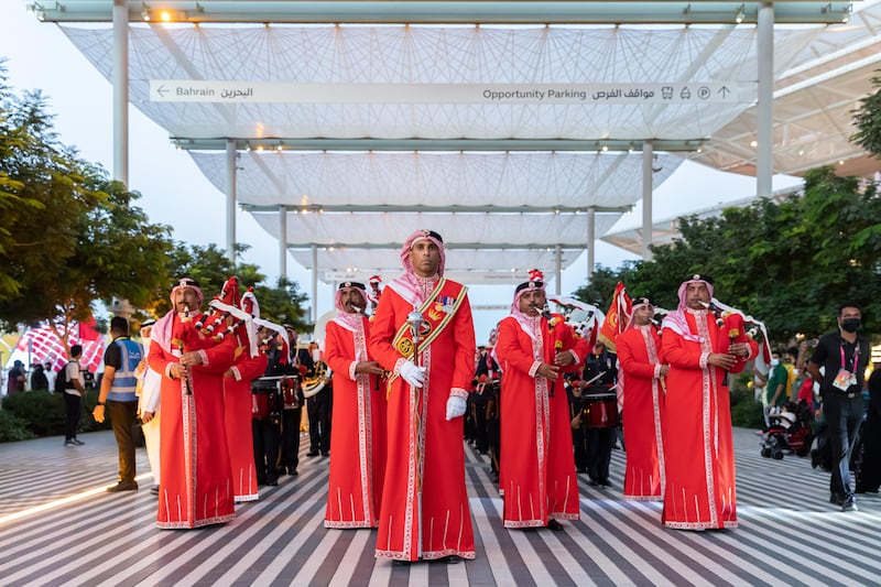 Bahraini cultural performers outside the Bahrain Pavilion at Expo 2020 Dubai. Photo: Expo 2020 Dubai