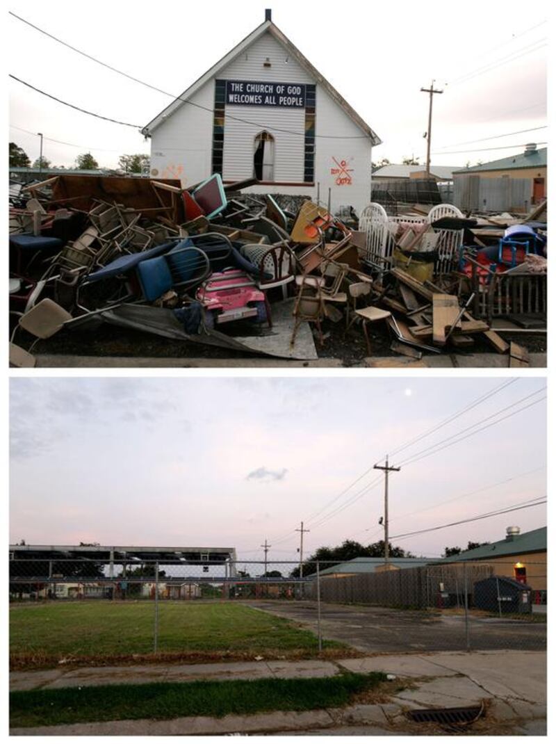Debris in front of the Church of God in the Lower Ninth Ward neighbourhood of New Orleans, and a decade later, where it once stood.
