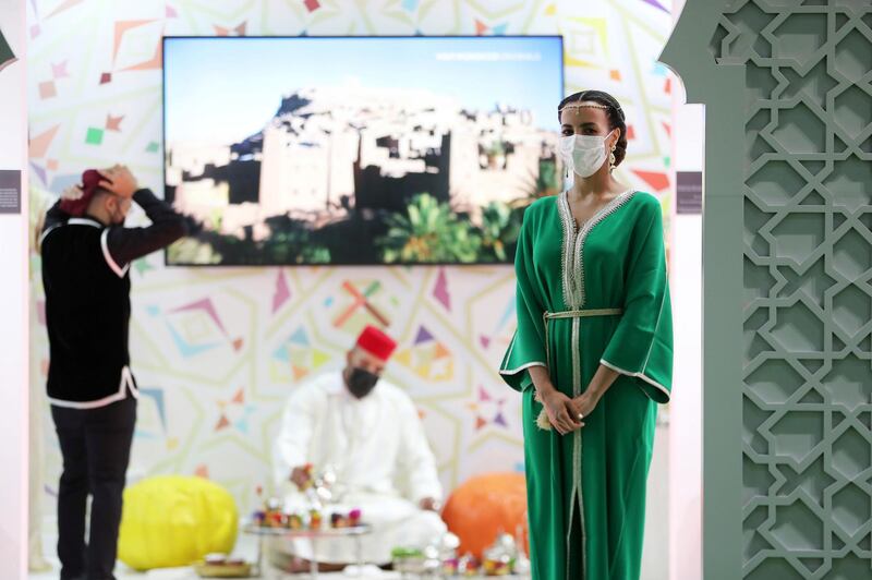 Morocco stand during the Arabian Travel Market held at Dubai World Trade Centre in Dubai on May 16,2021. Pawan Singh / The National. Story by Deena