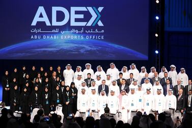 Sheikh Abdullah bin Zayed Al Nahyan , Minister of Foreign Affairs and International Cooperation with the team members of ADFD and ADEX after the launch of Abu Dhabi Exports Office. Pawan Singh / The National 