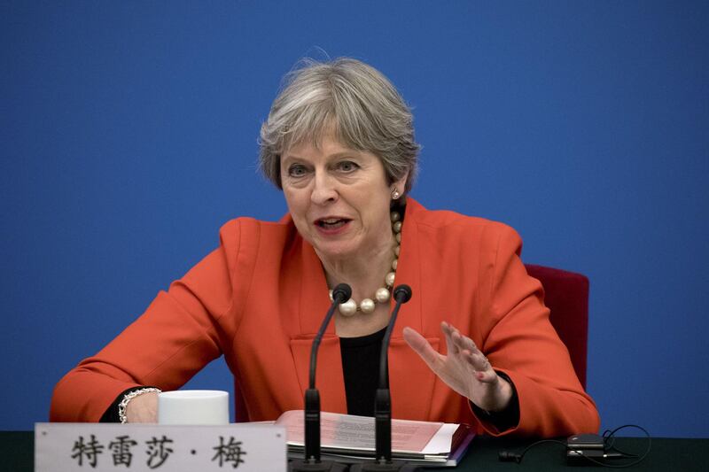 BEIJING, CHINA - JANUARY 31: British Prime Minister Theresa May speaks during the inaugural meeting of the UK-China CEO Council at the Great Hall of the People on January 31, 2018 in Beijing, China. At the invitation of Premier Li Keqiang of the State Council of China, Prime Minister of the United Kingdom Theresa May will pay an official visit to China from January 31st to February 2nd.  (Photo by Mark Schiefelbein - Pool/Getty Images)