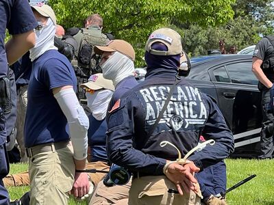 Authorities arrest members of the white supremacist group Patriot Front near an Idaho pride event in June. AP Photo