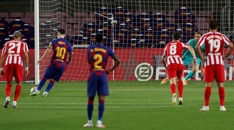 Barcelona's Lionel Messi scores their second goal from the penalty spot. Reuters
