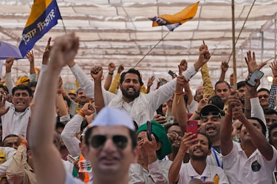 Supporters of various opposition parties shout anti-BJP slogans during the 'Save Democracy' rally in Delhi. AP