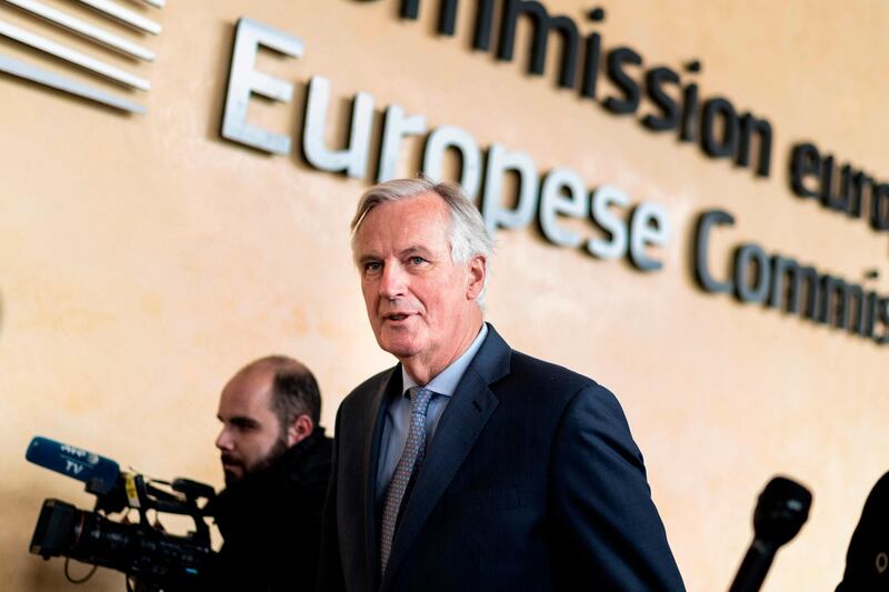 EU Brexit negotiator Michel Barnier arrives at the EU headquarters in Brussels on October 11, 2019 for a meeting with EU ambassadors.        / AFP / Kenzo TRIBOUILLARD
