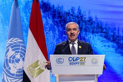Palestinian Prime Minister Mohammad Shtayyeh speaks at the Cop27 climate summit in Egypt. AFP