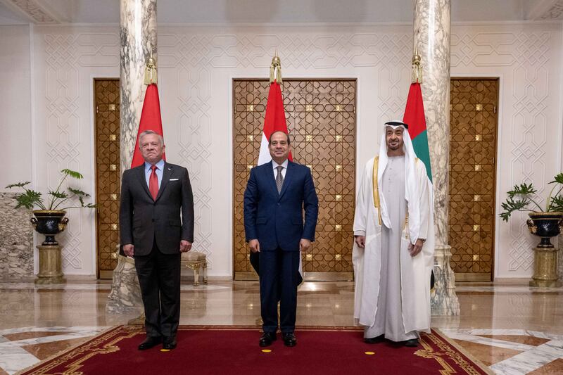 Sheikh Mohamed, King Abdullah and Mr El Sisi at the Heliopolis Palace, Egypt. Hamad Al Kaabi / Ministry of Presidential Affairs