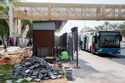 Abu Dhabi, United Arab Emirates - August 14, 2018: A new bus shelter being built in Abu Dhabi. A story on the reaction from users of the bus service to the new shelters. Tuesday, August 14th, 2018 on Sultan bin Zayed the 1st Street, Abu Dhabi. Chris Whiteoak / The National