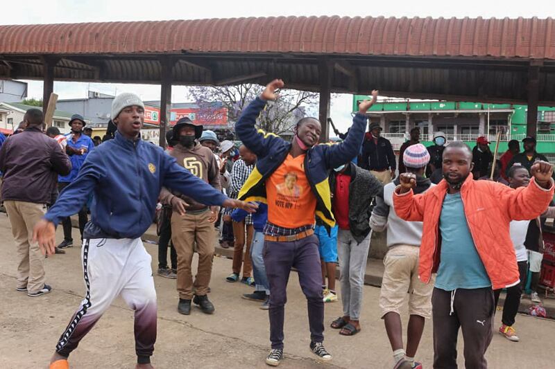 Public transport workers dance and chant political slogans in the Eswatini city of Manzini as they demand democratic reforms in the kingdom. AFP