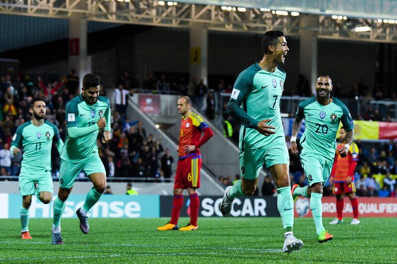 Cristiano Ronaldo celebrates after scoring the opening goal for Portugal in the 2018 World Cup qualifier against Andorra. David Ramos / Getty Images