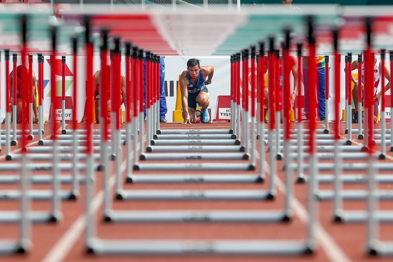 Rayzam Shah Wan Sofian of Malaysia competes in the 110m hurdles at the Asian Games in Jakarta, Indonesia. Mast Irham / EPA