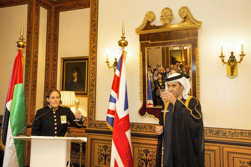His Excellency Mansoor Abdulhoul following his visit with Her Majesty The Queen at Buckingham Pallace for the presentation of diplomatic credentials. Seen here presenting to diplomats and other honoured VIP guests at the Lanesborough Hotel in central London where the reception of HE Mansoor Abdulhoul's in D'honneur took place in the St George room.