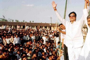 Actor-turned-politician Shatrughan Sinha reacts to crowd cheers during a 2014 election campaign rally. Sunil Malhotra