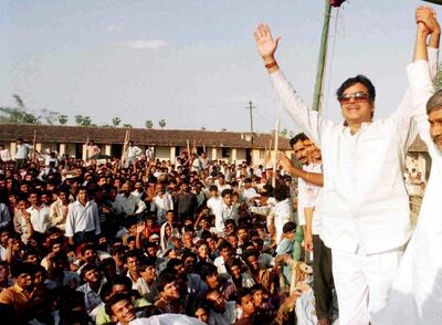 Actor turned-politician Shatrughan Sinha,leader of the Bharatiya Janata Party (BJP), reacts to crowd cheers during an election campaign rally April 30 for the second round of election due on May 2, in town Barh of eastern Indian state Bihar. The BJP is the main challenger of Prime Minister P.V. Narasimha-Rao's Congress Party for the general election