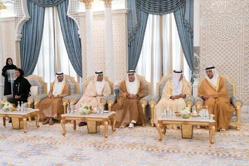 ABU DHABI, UNITED ARAB EMIRATES - September 18, 2018: (R-L) HH Sheikh Mansour bin Zayed Al Nahyan, UAE Deputy Prime Minister and Minister of Presidential Affairs, HH Sheikh Nahyan bin Mubarak Al Nahyan, UAE Minister of State for Tolerance, HE Abdul Rahman Mohamed Al Owais, UAE Minister of Health and Prevention, HE Obaid Humaid Al Tayer, UAE Minister of State for Financial Affairs, HE Suhail bin Mohamed Faraj Faris Al Mazrouei, UAE Minister of Energy and HE Noura Mohamed Al Kaabi, UAE Minister of Culture and Knowledge Development, attend the swearing-in ceremony for ministers of the United Arab Emirates.

(Rashed Al Mansoori / Crown Prince Court - Abu Dhabi )
---