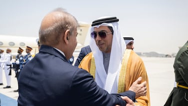Sheikh Mansour bin Zayed, Vice President, Deputy Prime Minister and Chairman of the Presidential Court, welcomes Pakistan's Prime Minister Shehbaz Sharif, at Al Bateen Executive Airport in Abu Dhabi. UAE Presidential Court