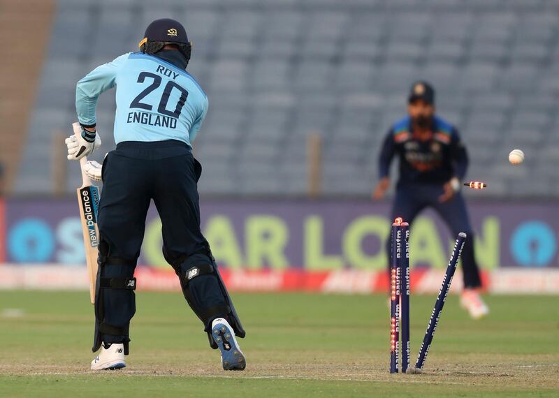 England's Jason Roy is bowled by India's Bhuvneshwar Kumar. AP