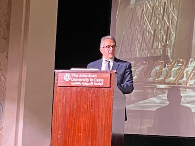 Egypt’s Minister of Tourism and Antiquities Khaled El Anany spoke at the American University in Cairo about the country’s efforts to preserve and promote its cultural heritage. Nada El Sawy / The National