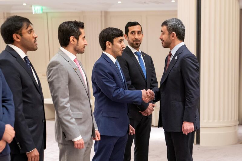 BERLIN, GERMANY - June 12, 2019: HH Sheikh Abdullah bin Zayed Al Nahyan UAE Minister of Foreign Affairs and International Cooperation (R), greets Emirati students who are studying in Germany.

(Eissa Al Hammadi / For the Ministry of Presidential Affairs )