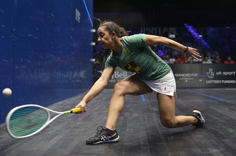 MANCHESTER, ENGLAND - DECEMBER 15:  Raneem El Welily of Egypt stretches for the ball during her Quarter Final match against Nicol David of Malaysia in the AJ Bell PSA World Squash Championships at the Manchester Central Convention Complex on December 15, 2017 in Manchester, England.  (Photo by Alex Livesey/Getty Images)