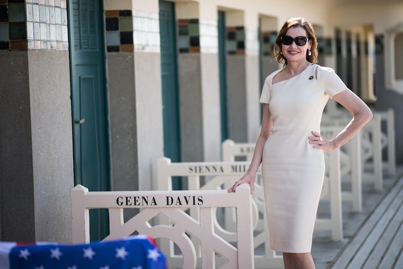Geena Davis unveils her dedicated beach locker room on the Promenade des Planches at the 45th Deauville American Film Festival on September 10, 2019. AFP