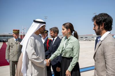 Ambassador Hend Al Otaiba welcoming President Sheikh Mohamed bin Zayed in France. UAE Embassy Paris