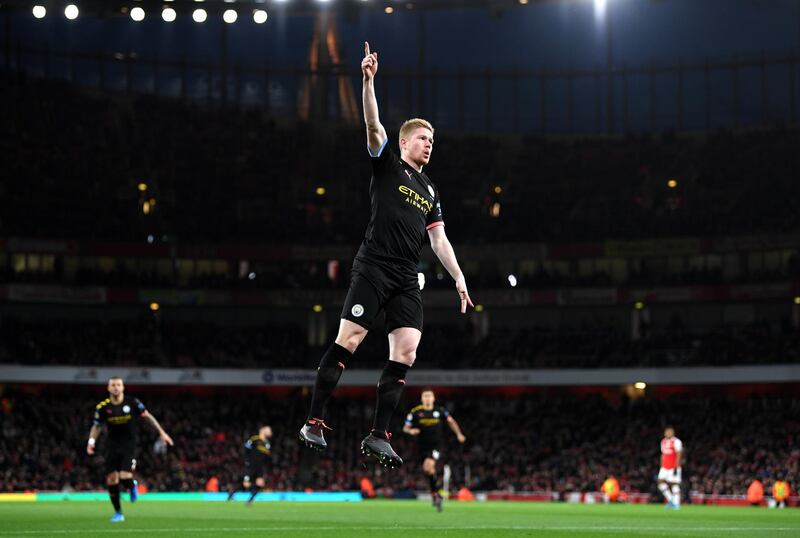 Kevin De Bruyne of Manchester City celebrates after scoring his team's first goal against Arsenal at the Emirates Stadium on Sunday. Getty Images